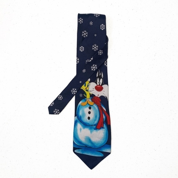 Looney Tunes Mania Tweety and Sylvester Snowman Holiday Warner Bros 1996 Necktie - Picture 3 of 4